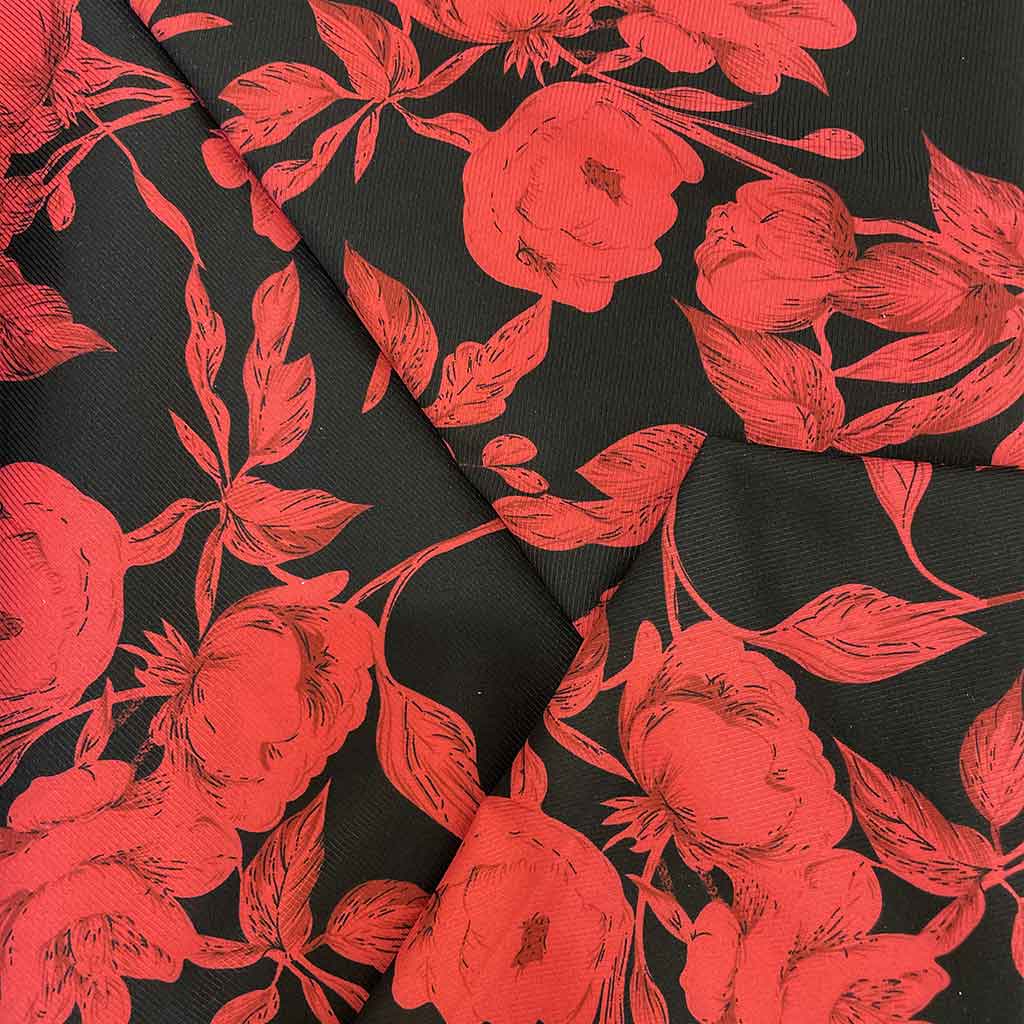 پارچه نخی مشکی طرحدار گل قرمز