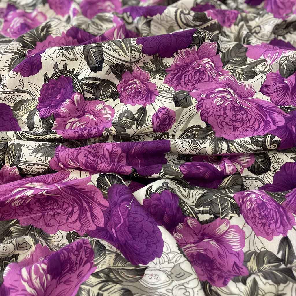 پارچه نخی سفید مدل گل بنفش