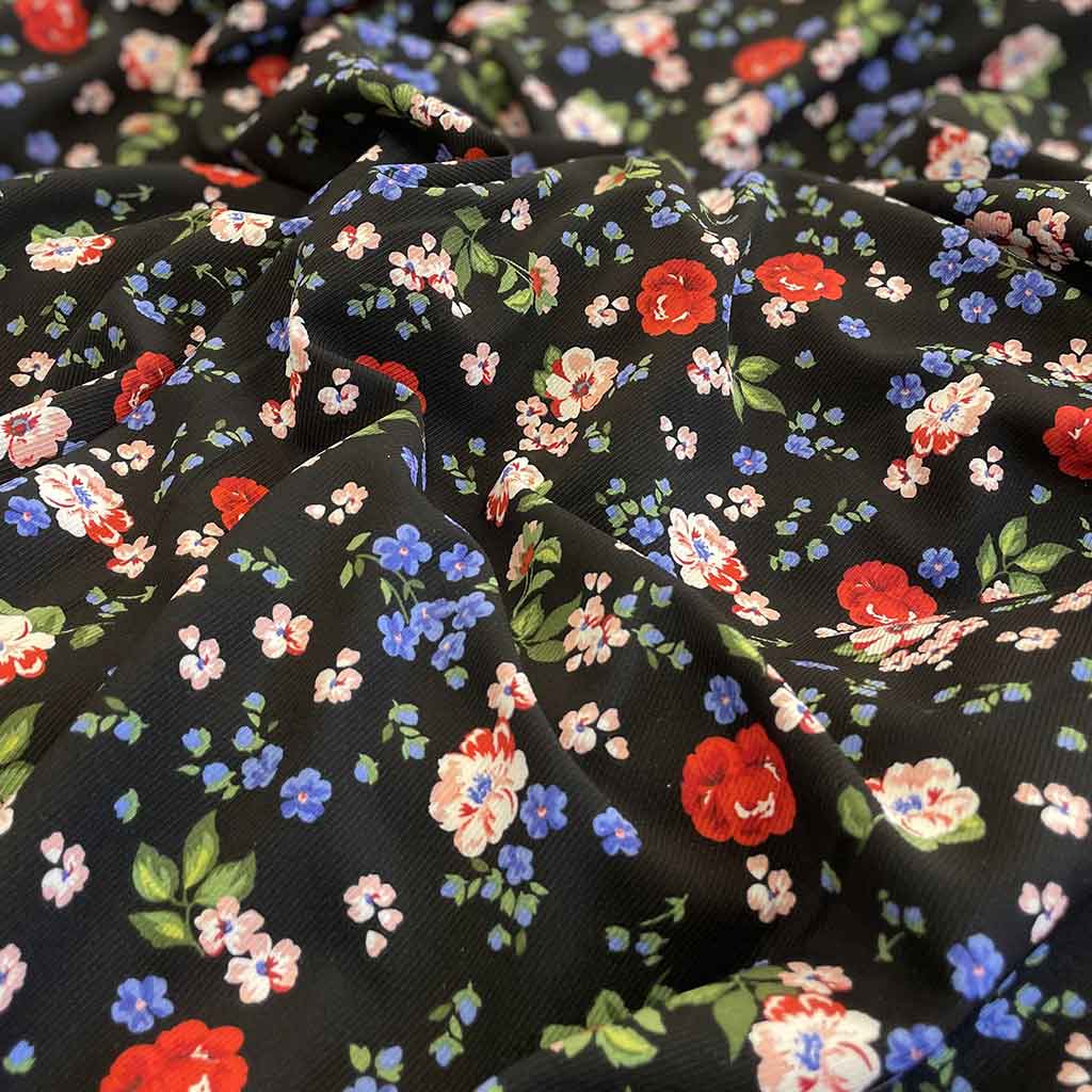 پارچه نخی مشکی طرح گل ریز رنگی