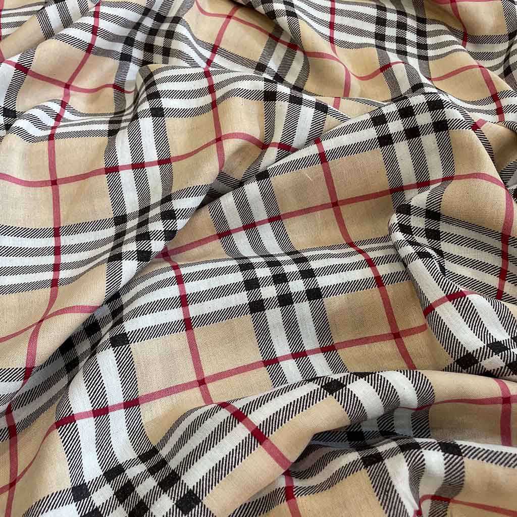 پارچه نخی طرح چهارخانه کرم خط قرمز