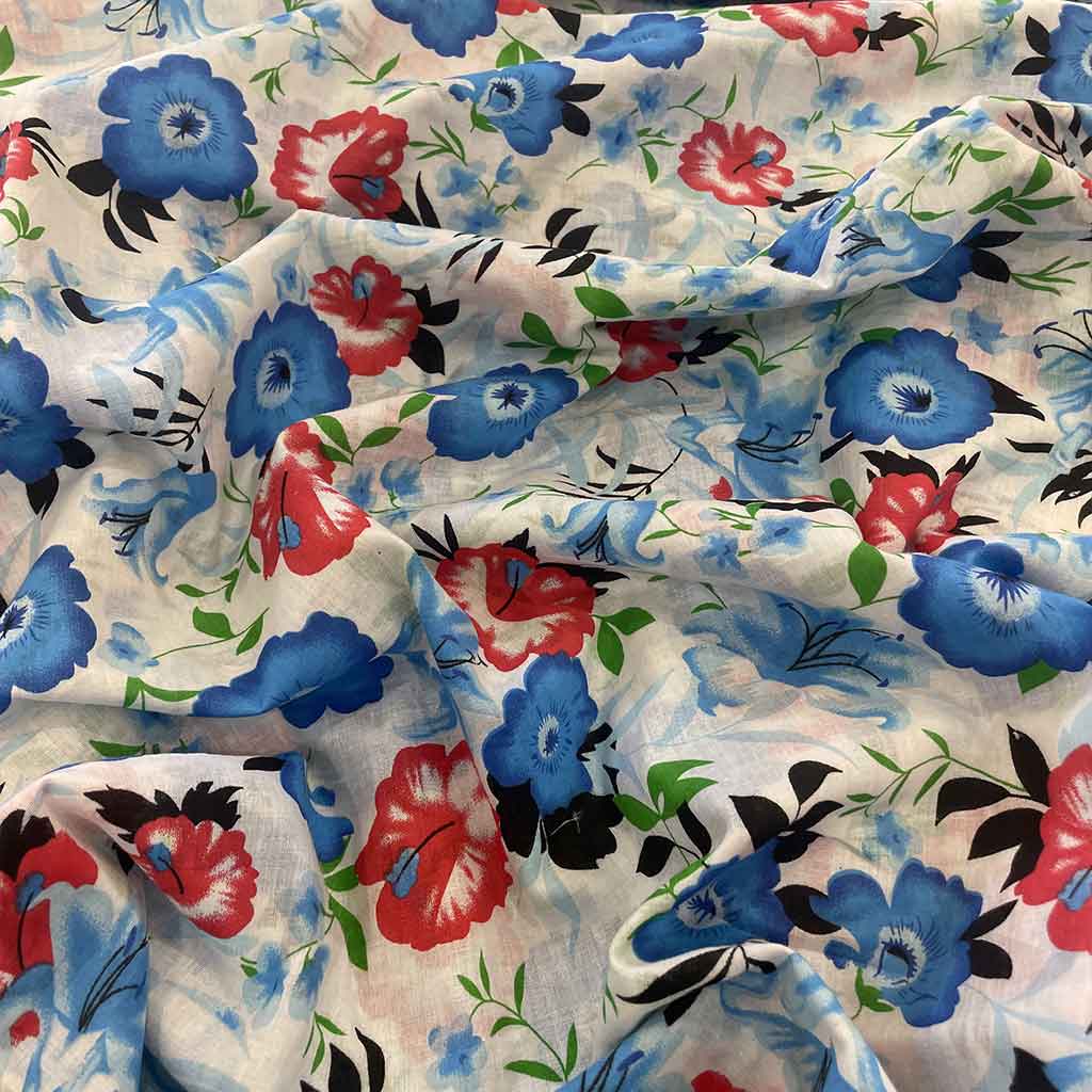 پارچه نخی طرحدار گل آبی قرمز