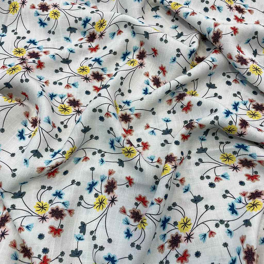 پارچه شانتون طرحدار سفید گل رنگی