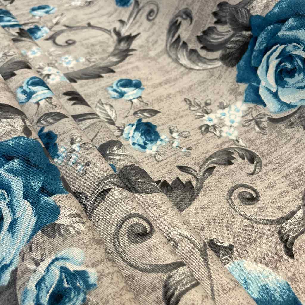 پارچه ملحفه ای طرح گل آبی و طوسی درشت