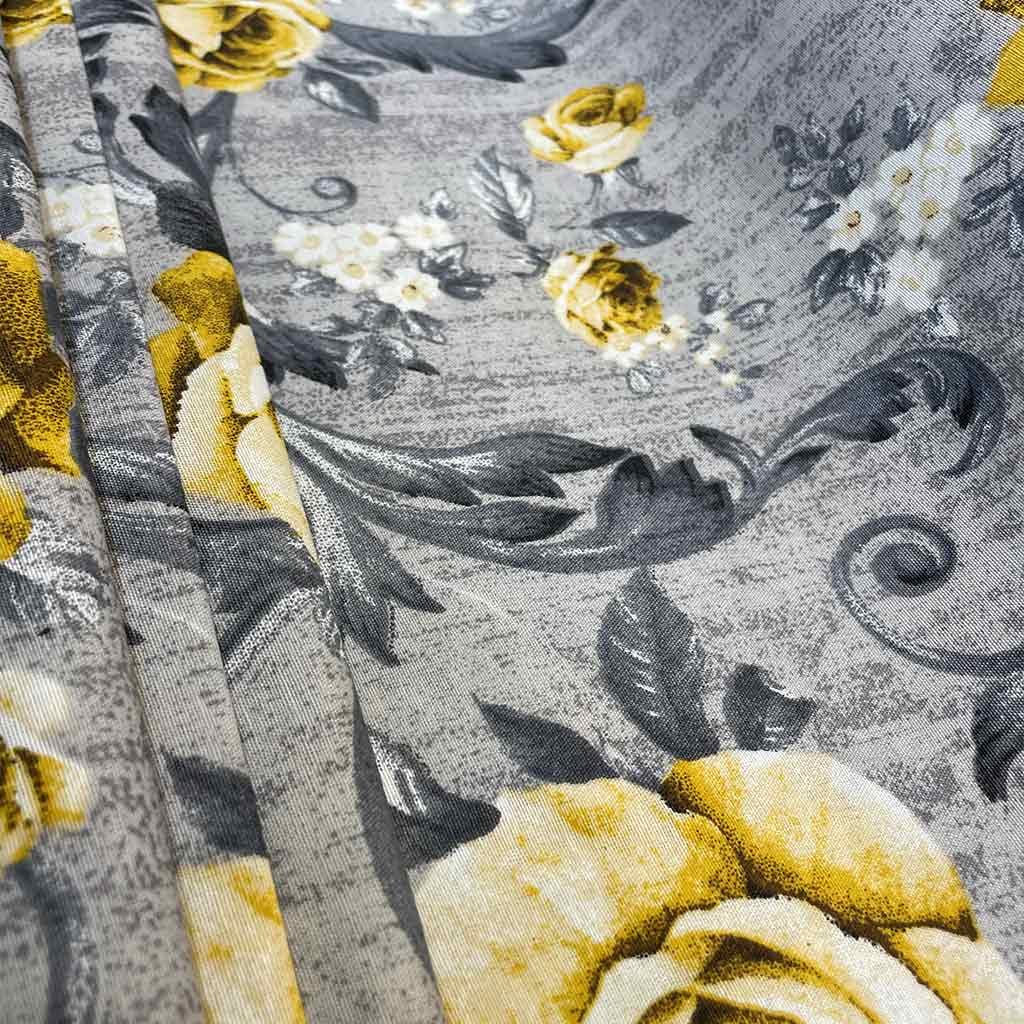 پارچه ملحفه ای طرح گل زرد و طوسی درشت