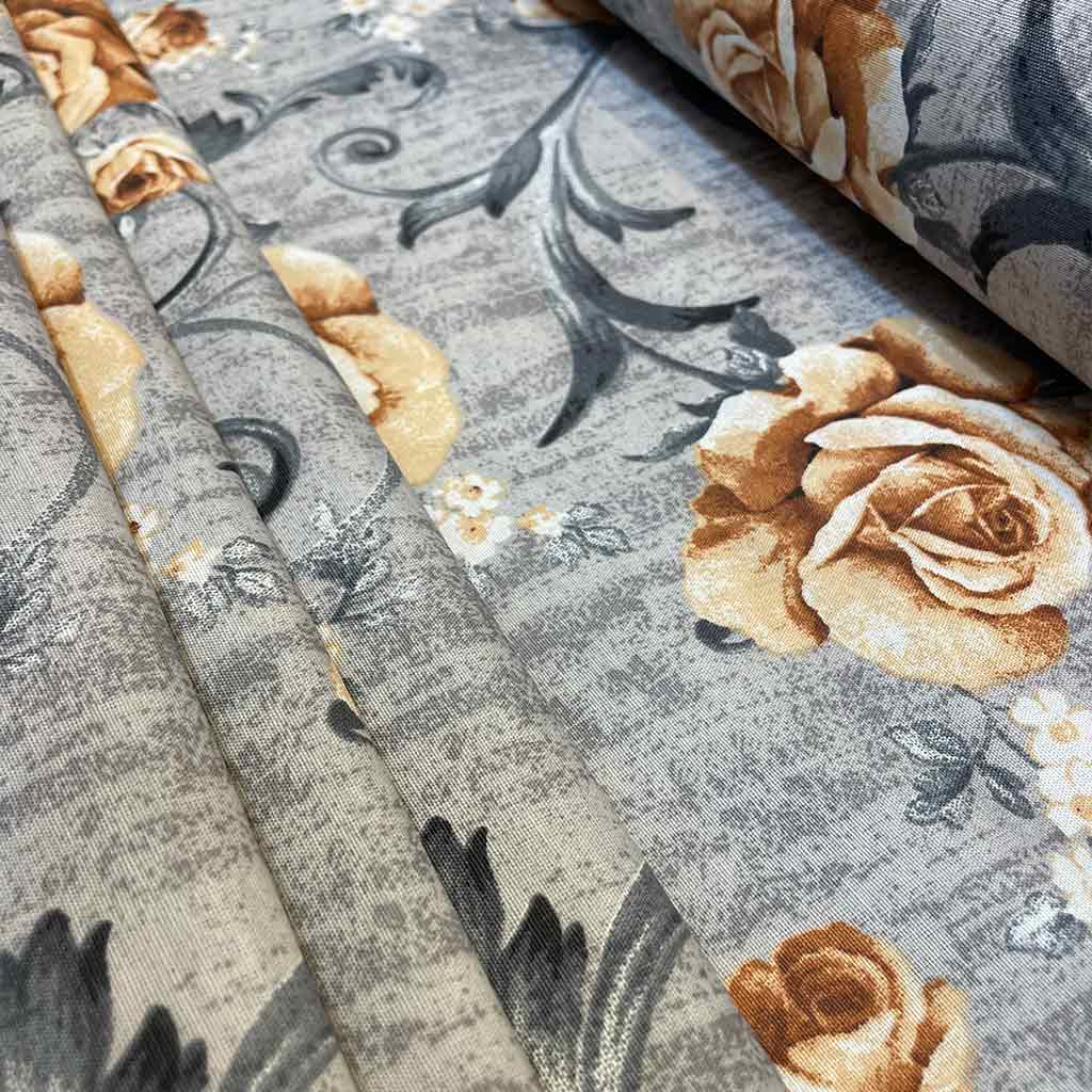 پارچه ملحفه ای طرح گل قهوه ای و طوسی درشت