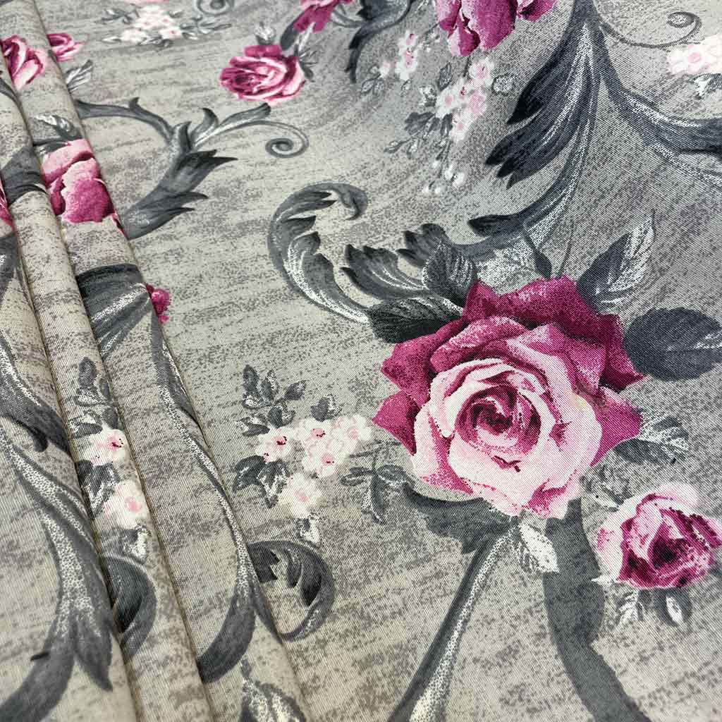 پارچه ملحفه ای طرح گل صورتی و طوسی درشت